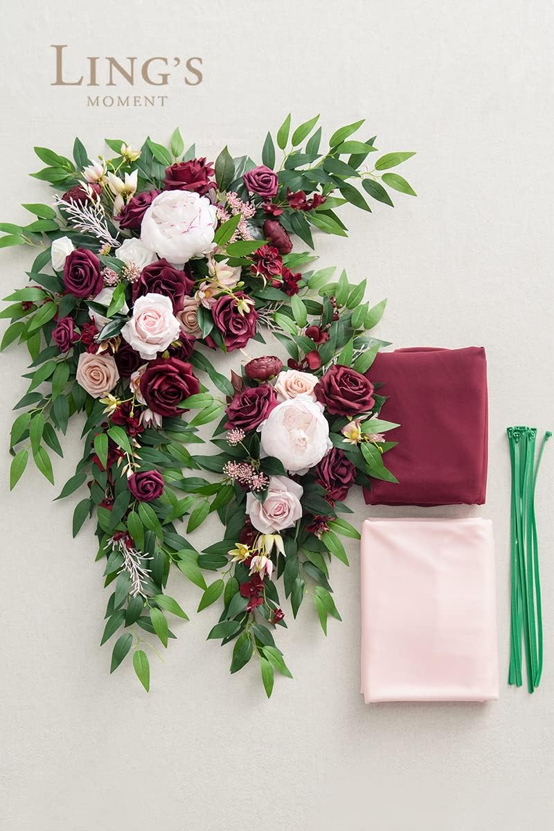 Ling's Moment Pink Blush Artificial Wedding Arch Flowers Kit Pack of 4, 2pcs Hanging Flower Arrangement 2pcs Chiffon Drapes Ceremony Reception Fake Rose Arbor Backdrop Floral Party Outdoor Decorations