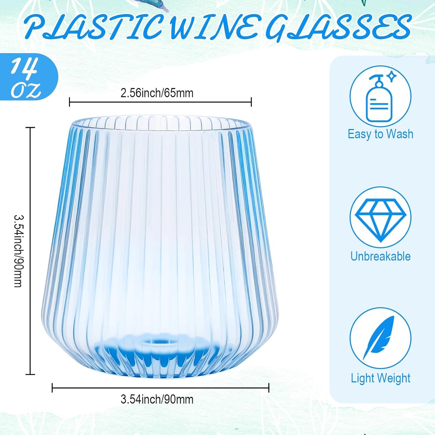 Suclain Plastic Wine Glasses Ribbed Stemless Wine Glasses 14oz Vertical Design Unbreakable Cups for Outdoor Indoor Vintage Elegant Champagne Whiskey Cups for Party Wedding (Blue,20 Pcs)