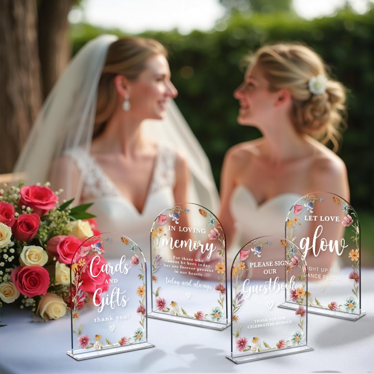 4 Pcs Acrylic Wedding Signs for Reception, Bridal Shower Decorations, Cards and Gifts Signs, Guest Book Sign, Arch Acrylic Table Top Sign with Holder for Wedding Reception (Clear Wildflowers)