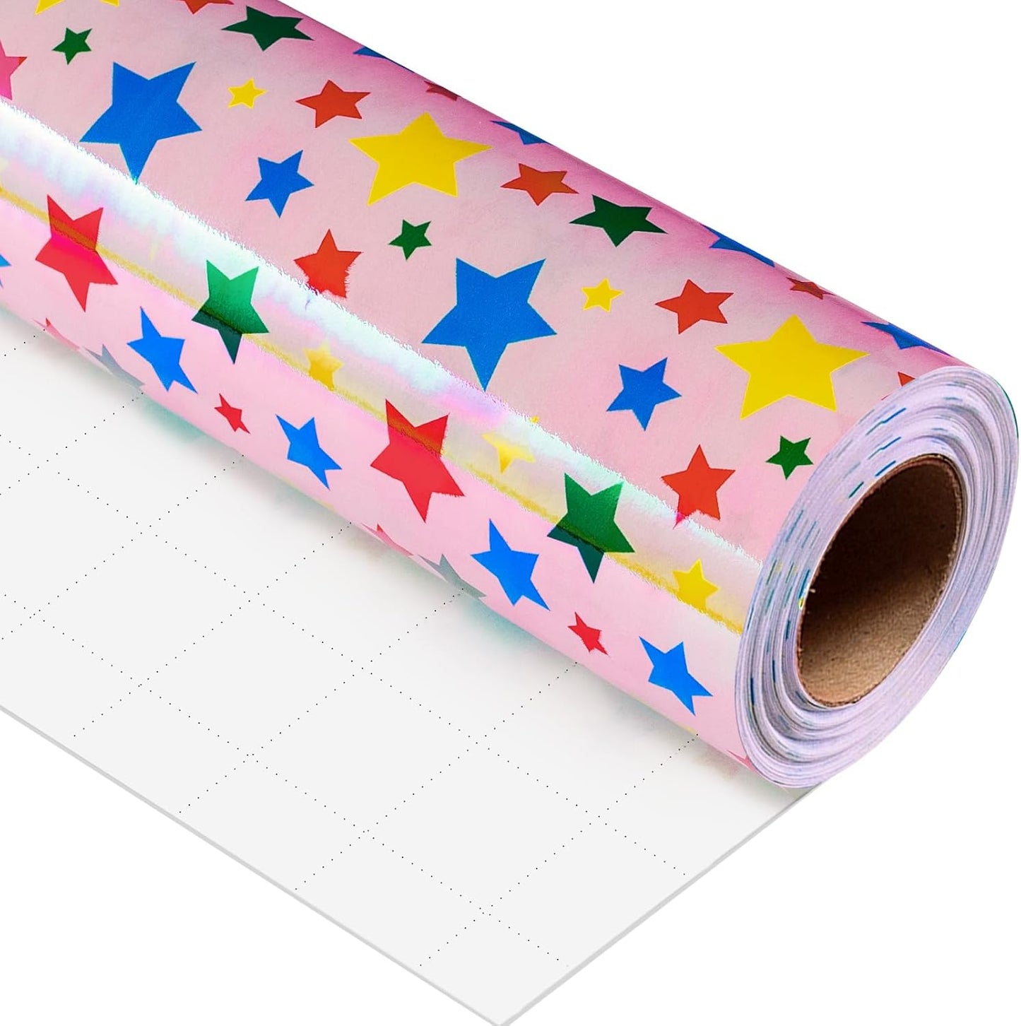 Burymento Holographic Pink Star Gift Wrapping Paper for Birthday, Valentines, Mothers day, Graduation, Wedding, Fathers day, Baby Shower, Christmas (17in x 32.8ft)