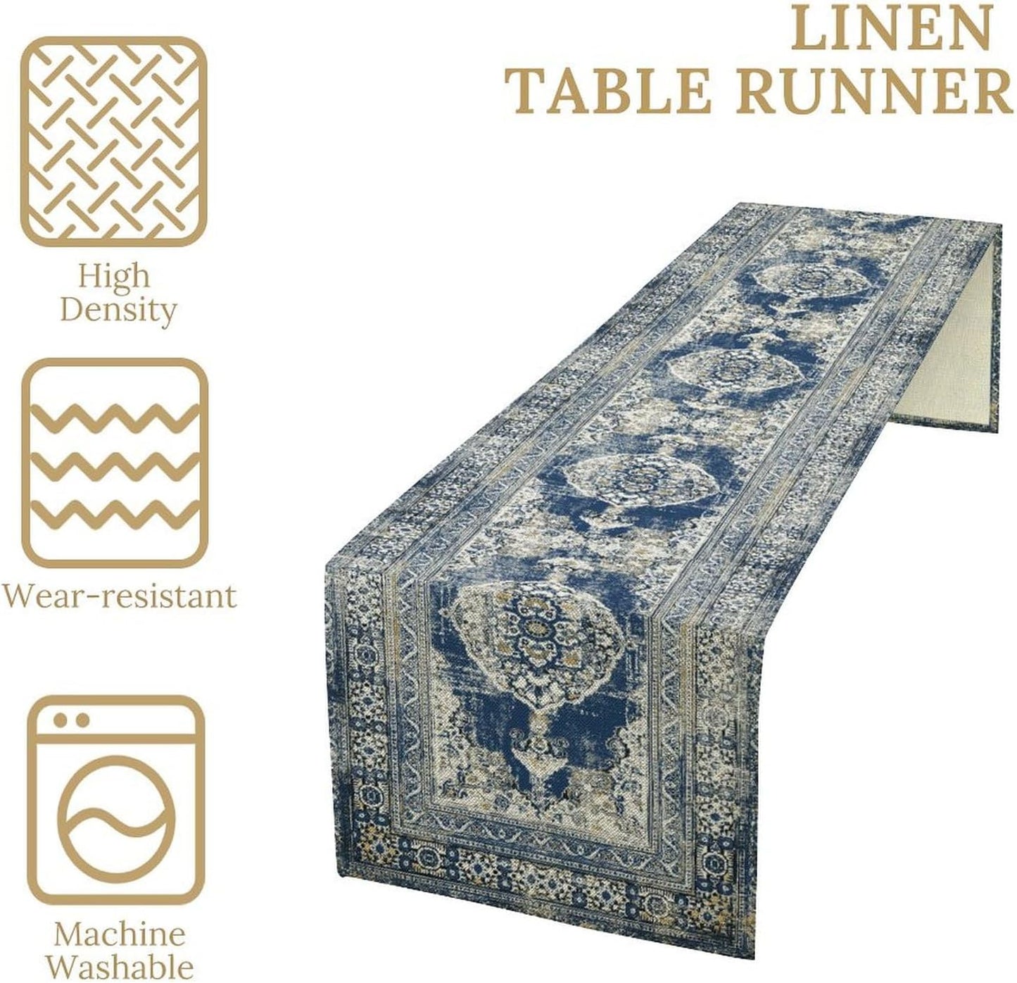 Vintage Boho Floral Table Runner, Rustic Country Farmhouse Blue Teal Retro Flower Pattern for Home Kitchen Table Decor Dining Coffee Room Party Decor 13x36in