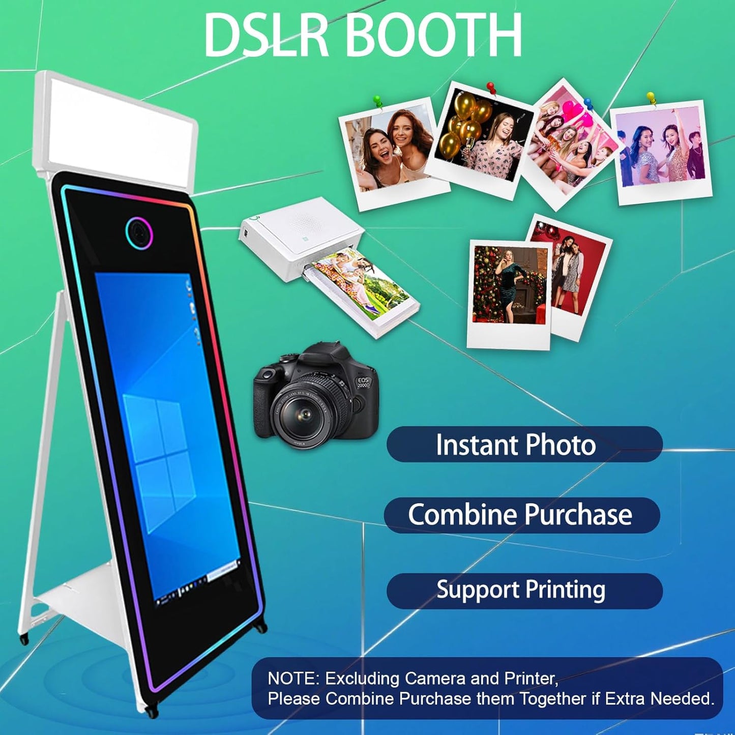 65''Magic Mirror Photo Booth Machine,Mirror Photo Booth 43''Touch Screen,Photo Booth with Flight Case,App Control,RGB Light for Wedding Party Events (White, Machine+Camera+Mini Printer)