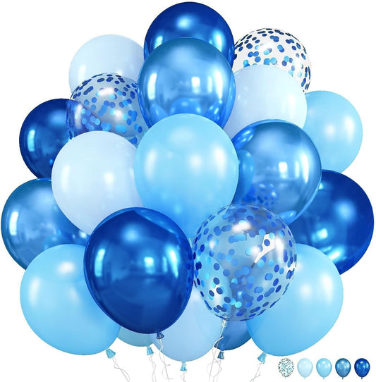 Blue Balloons, 12 Inch Double Stuffed Metallic Light Blue Mixed Latex Balloon, Chrome Dark Navy Confetti Helium Balloons for Boys Men Birthday Baby Shower Graduation Space Theme Party Decorations
