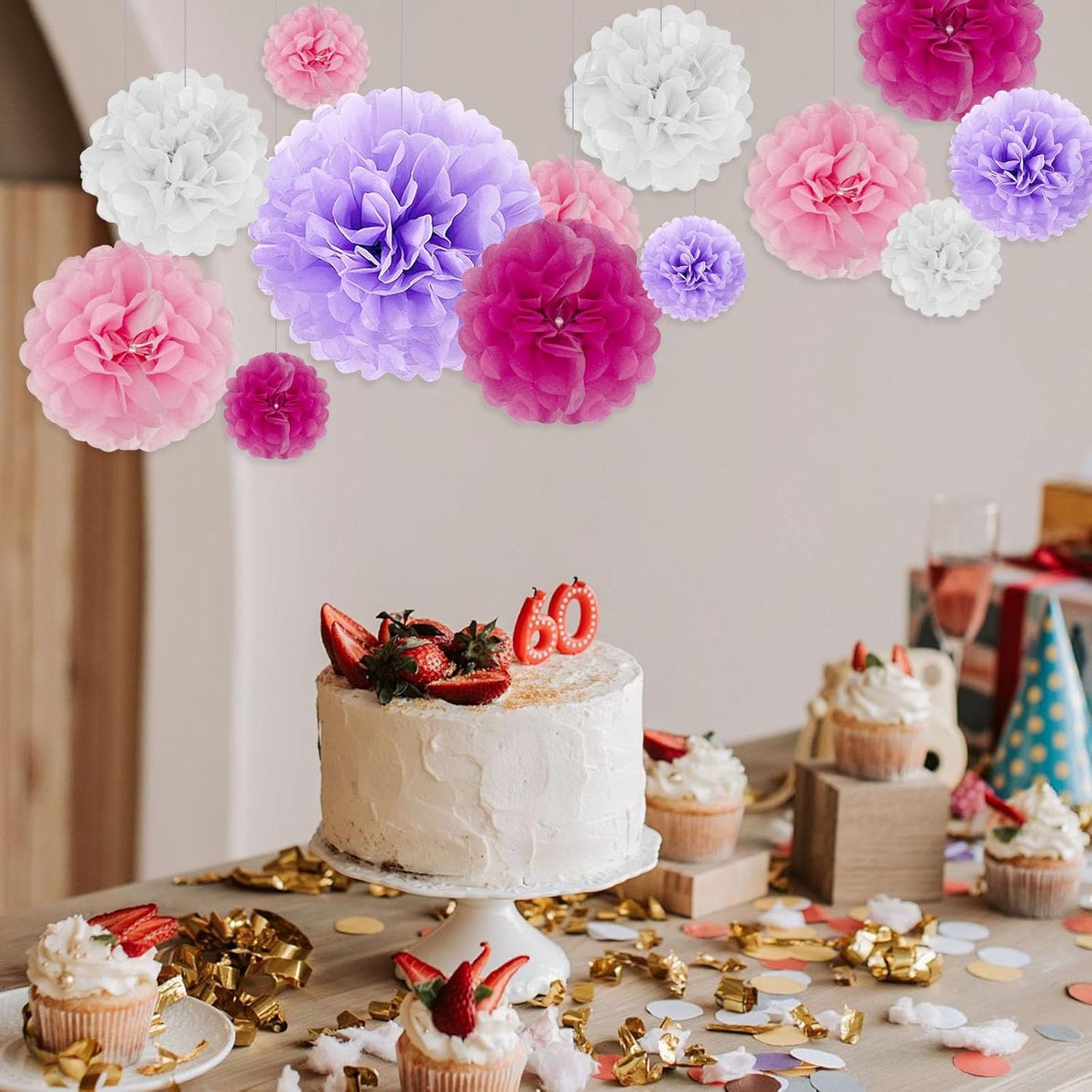 Tissue Paper Pom Poms, Purple Pink White Tissue Paper Flowers, Hanging Flower Balls for Weddings Fiesta Parties Birthday Baby Showers Classroom Bridal Shower Decoration (20Piece Set-6/10/12/14Inch)