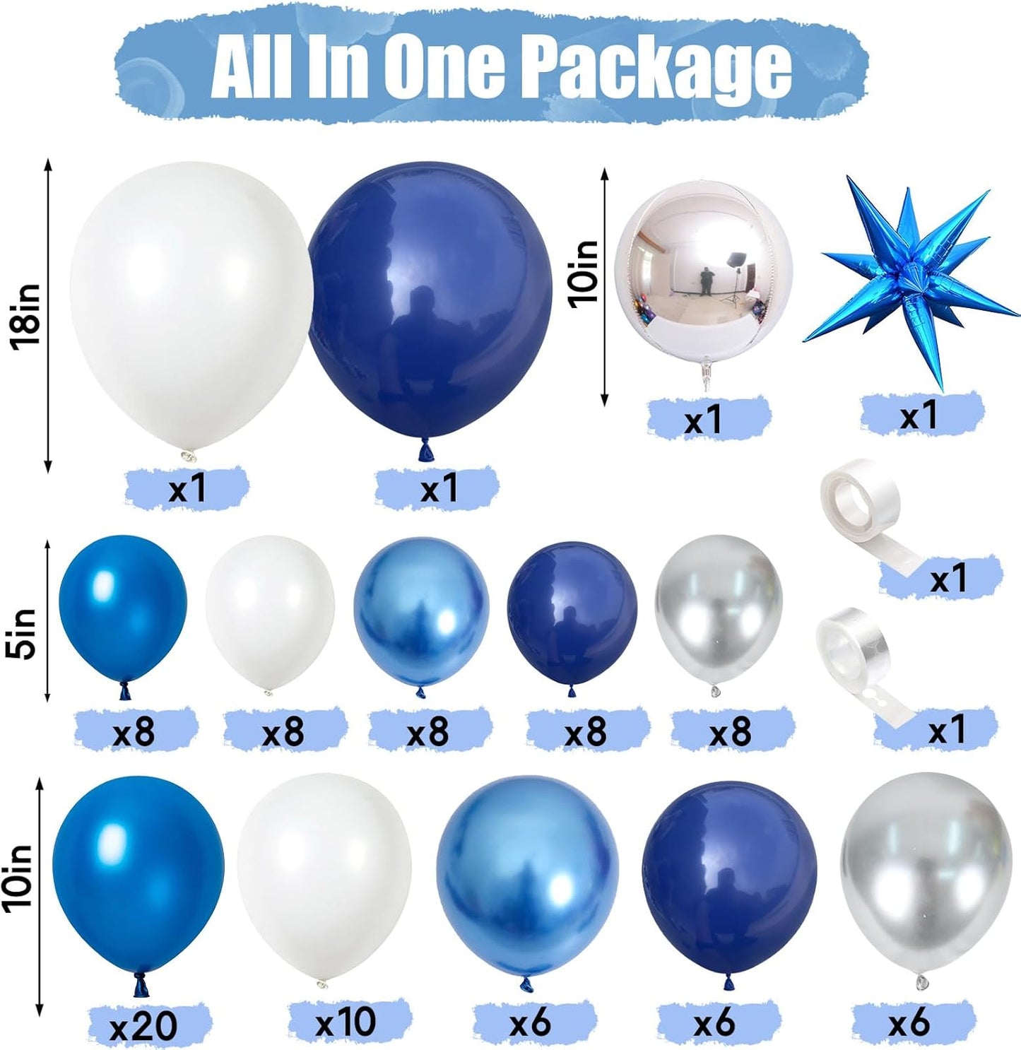 94Pcs Blue Balloon Garland Arch Kit Navy Blue Silver White Balloons Garland Kit with Metallic 4D Star Foil Balloon Birthday Party Balloons for Boys Men Baby Shower Wedding Graduation Party Decoration