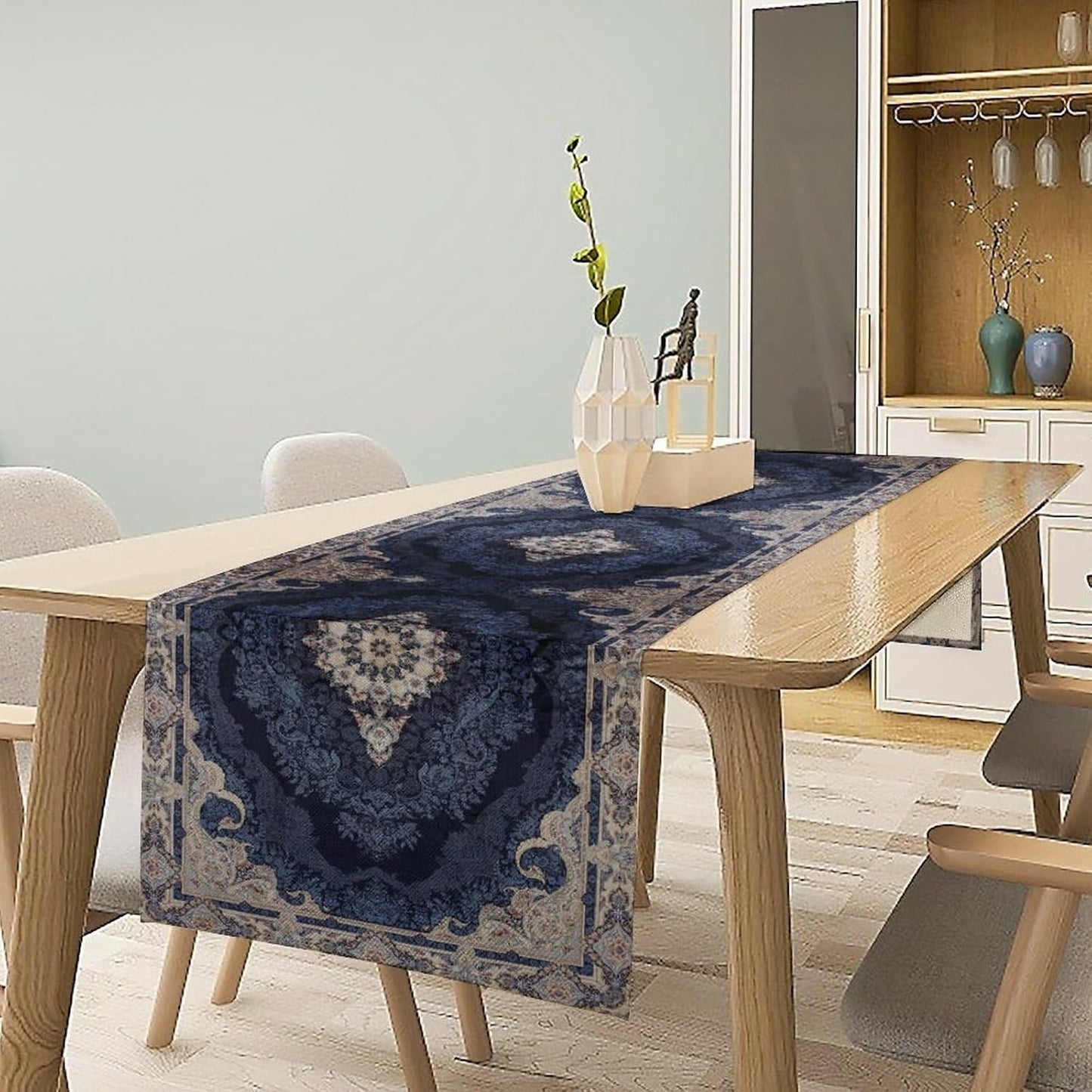 Vintage Boho Floral Table Runner, Rustic Country Farmhouse Dark Blue Grey Retro Flower Pattern for Home Kitchen Table Decor Dining Coffee Room Party Decor 13x60in