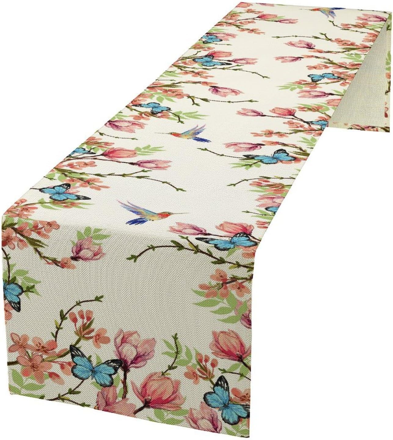 Floral Butterfly Table Runner Seasonal Spring Flower Bird Table Decoration Table Runner for Home Party Decoration 13x70 Inch