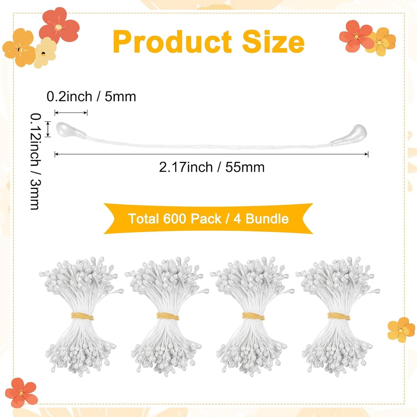 600-Pack Flower Stamens for Crafts, 5mm Double Heads Artificial Pearl Floral Pistil Mini Flower Pollens Stamens for DIY Making/Wedding/Scrapbook Decoration [White]