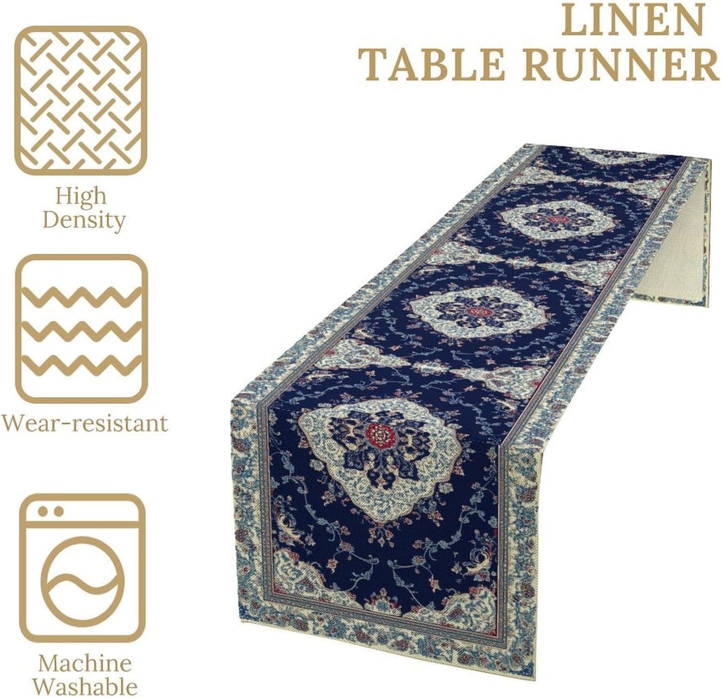 Elegant Palace Boho Blue Table Runner Vintage French Style Farmhouse Geometric Home Farmhouse Kitchen Table Dining Coffee Room Garden Party Wedding Decor 13x60in
