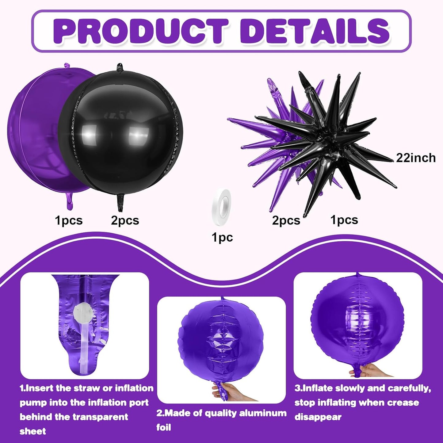 6Pcs Black Purple Foil Balloons,22Inch Purple Black 4D Round Ball Balloon and Explosion Star Balloon for Birthday Wedding Baby Shower Anniversary Party Decorations