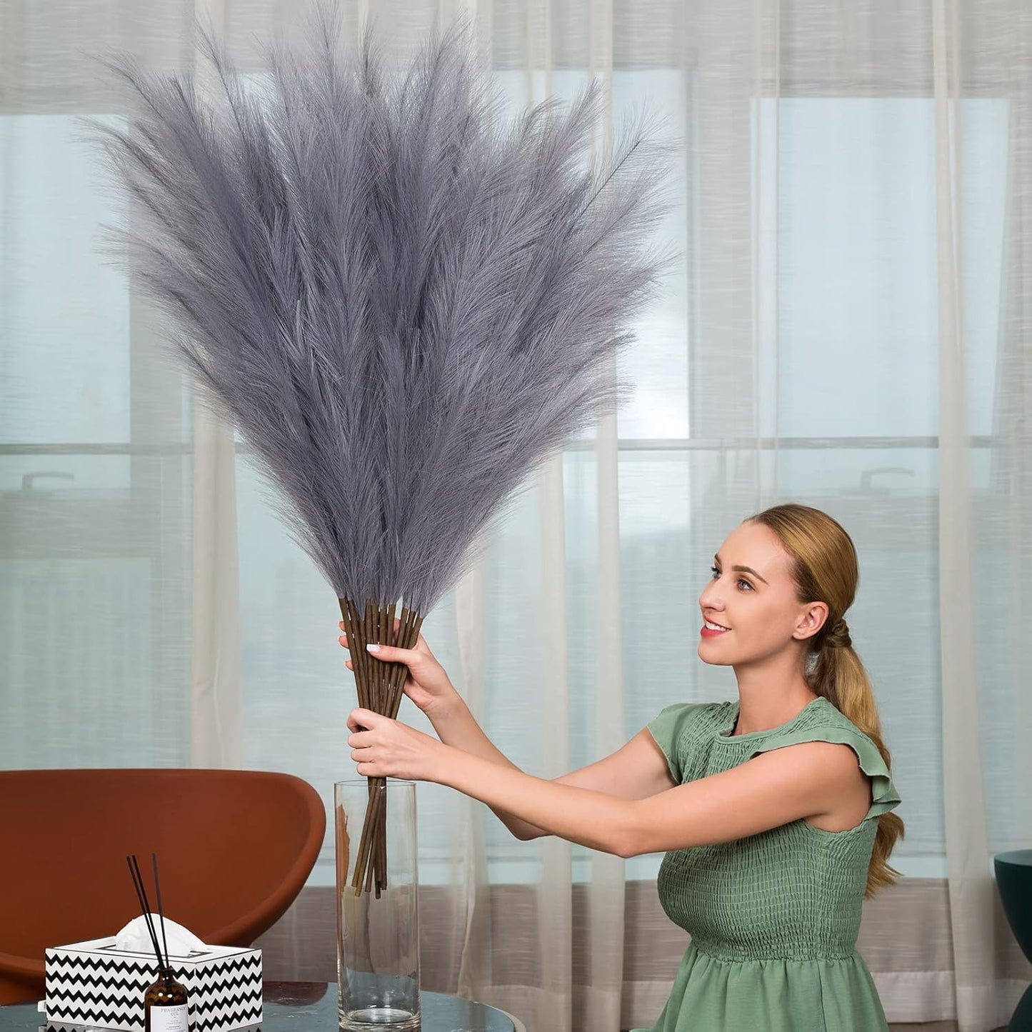 Faux Pampas Grass 6 Stems, Artificial Pampas Grass - 43''/3.6FT Total Extra Large Pompass Grass Tall Pompous Boho Flower Arrangement and Floor Vase Filler Home Decor for Room Wedding Party (Grey)
