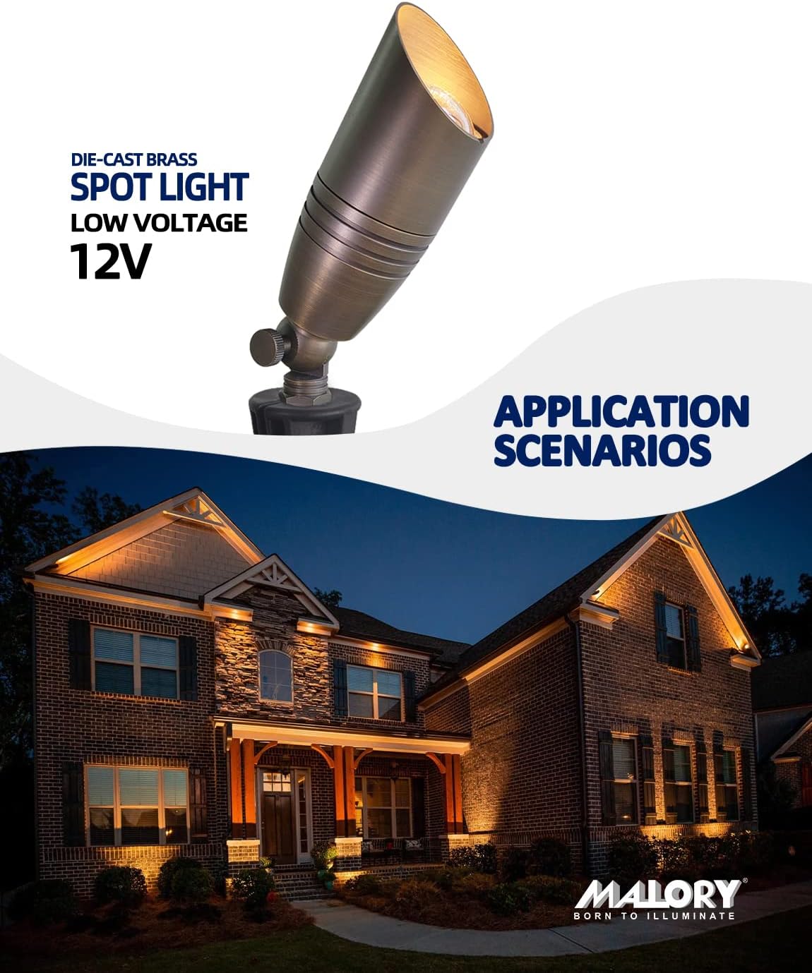 MALORY Brass Landscape Spotlights 1-Pack with MR16 Bulb(S02), 12V Low Voltage Landscape Lighting LED Outdoor Spot Uplights for House and Tree,PVC Ground Stake and Wire Connector Included, 5W 2700K