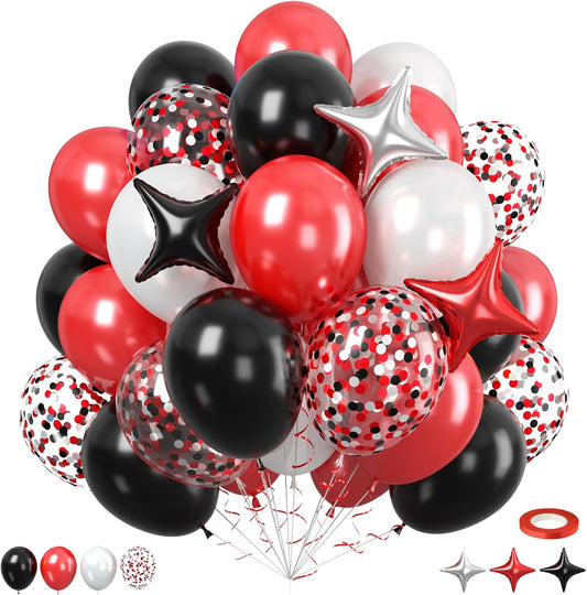 Red And Black Balloons, 60pcs Red Black White Balloons, Confetti Balloon White 3 Colour Star Foil Balloon For Birthday Baby Shower Party Wedding Graduation Bridal Shower Retirement Engagement Decor
