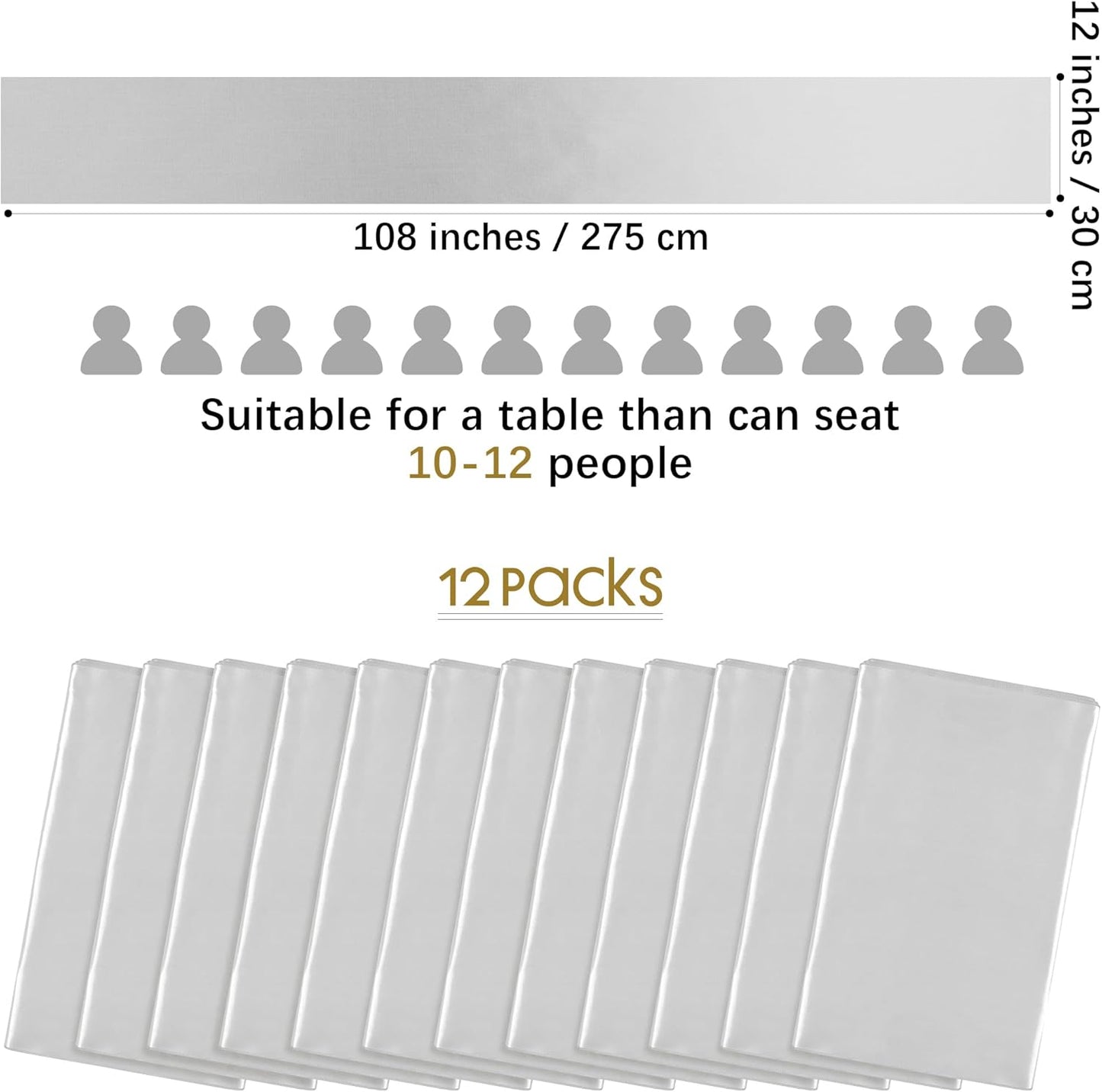 Aneco 12 Pack Satin Table Runner 12 x 108 Inch Light Silver Long Wedding Satin Silk Table Runner for Wedding Banquet Graduations Birthday Party Decoration