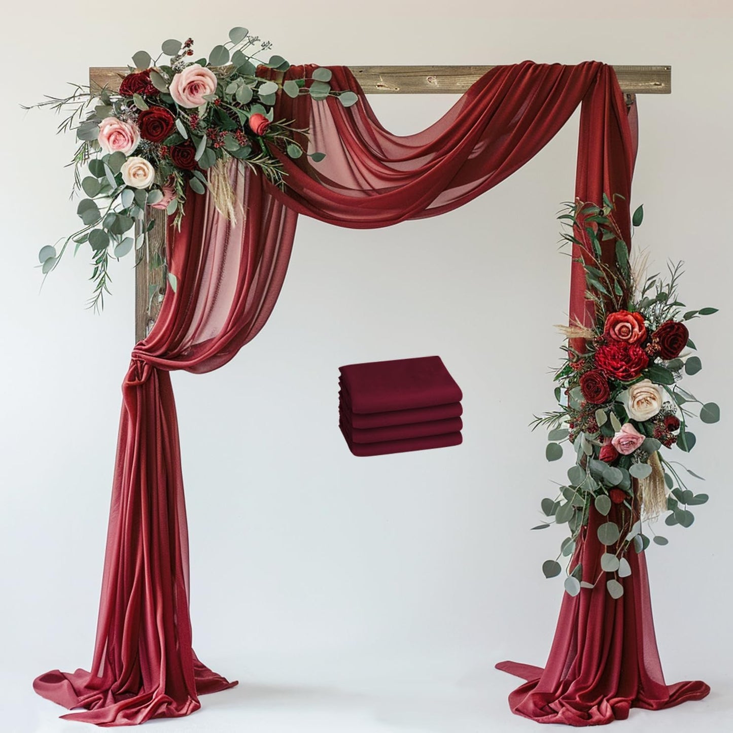 Wedding Arch Draping Fabric 4 Panels 28.7" x 20FT Burgundy Sheer Chiffon Backdrop Drapes for Wedding Ceremony Birthday Party Bridal Shower Outdoor Decoration