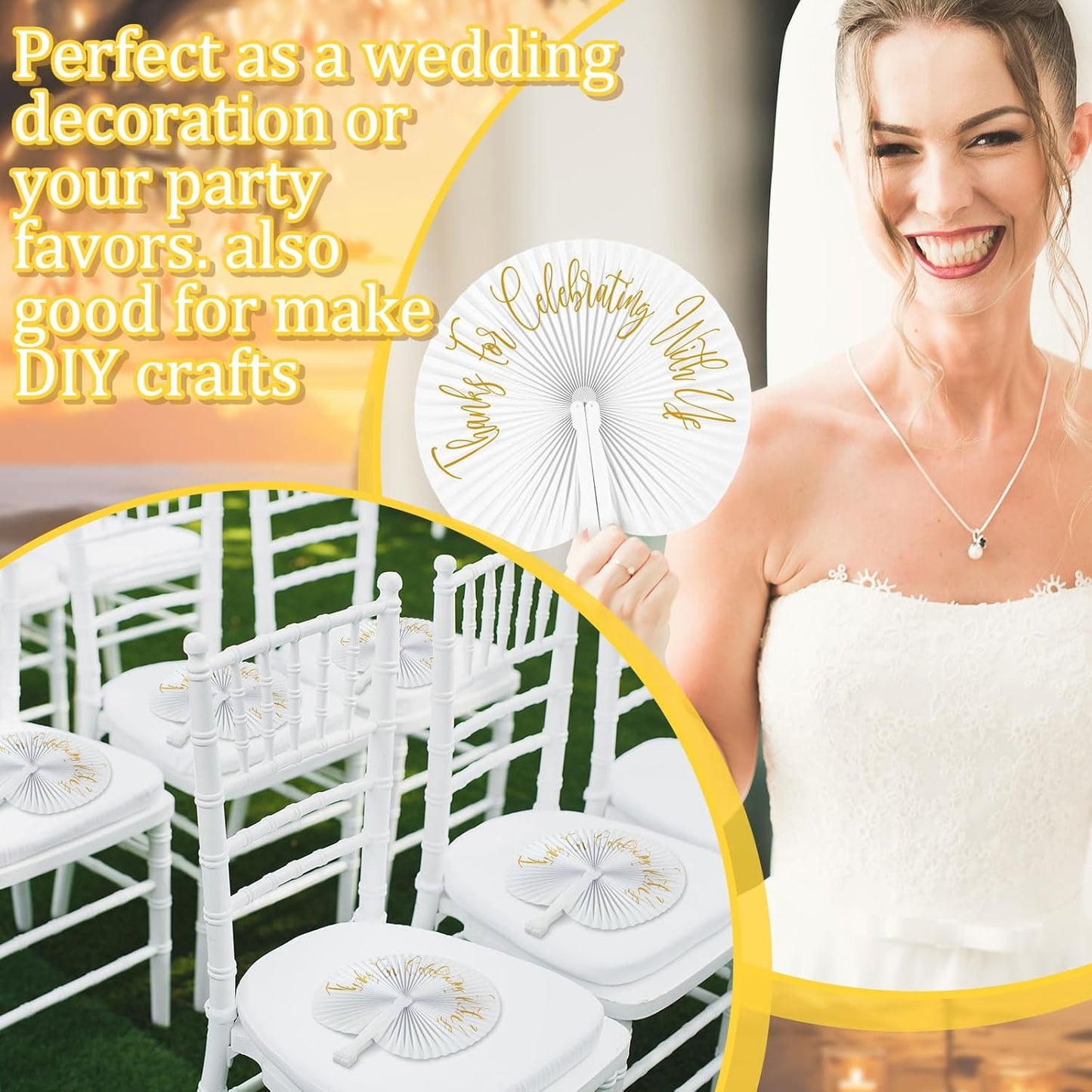 120 Pieces Paper Hand Held Fan Bulk Paper Folding Fans for Weddings Foldable Wedding Fans Bridesmaid Gift for Guest Bridal Shower Dancing Party DIY Craft Photo Props Wall Decoration(White,Round)