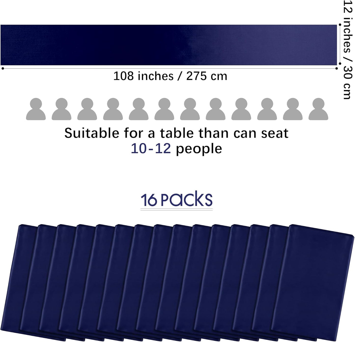 Aneco 16 Pack Satin Table Runner 12 x 108 Inch Navy Blue Long Wedding Satin Silk Table Runner for Wedding Banquet Graduations Birthday Party Decoration