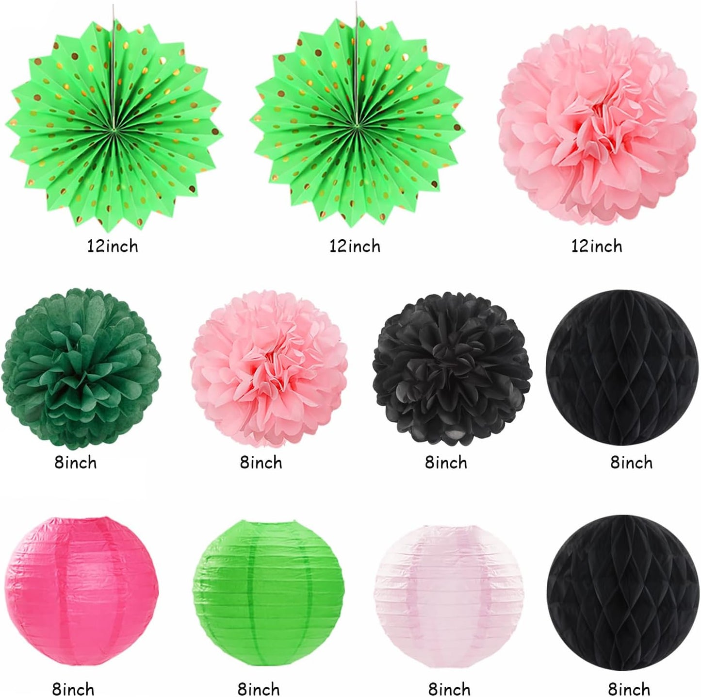 Green Hot-Pink Black Summer-Hawaiian Birthday Decorations - 21pcs Girls Woman Happy Party Banner Garland,Tropical Beach Pool Paper Streamers Lanterns,Flower Tissue Pom Poms Fan Supplies Decor Huglony
