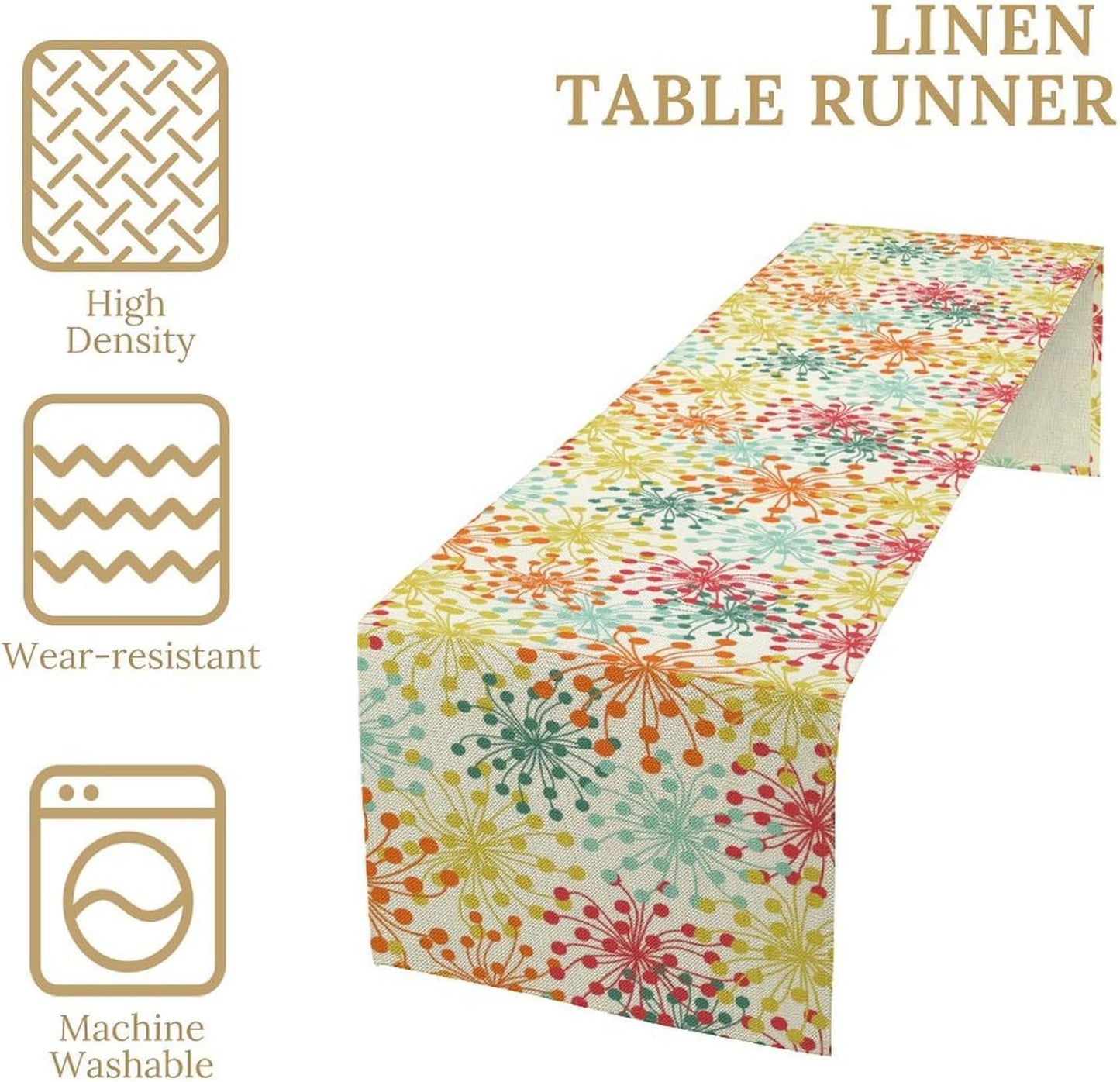 Mid Century Flower Table Runner, Colorful Geometric Abstract Chrysanthemum Vintage Farmhouse Decorations Orange Yellow Gray Table Runner for Kitchen Dining Holiday Party Decor, 13x36 Inch