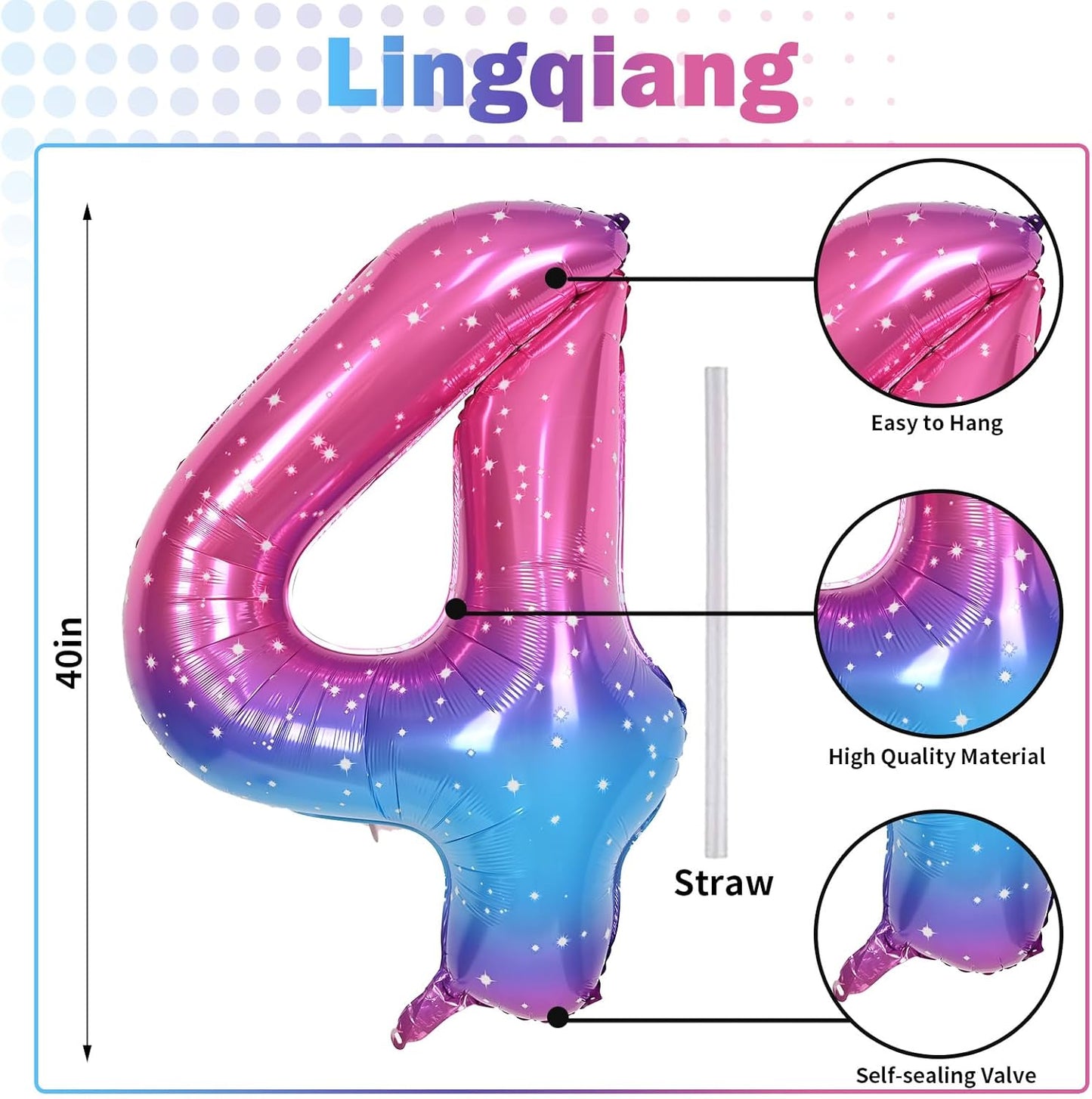 Gradient Rainbow 4 Balloons, 40 Inch Large Blue Pink Purple Foil Number Balloons Set 0-9, Self Inflating Starry Digital 4 Helium Balloon for Girls Women Birthday Anniversary Party Decorations Supplies