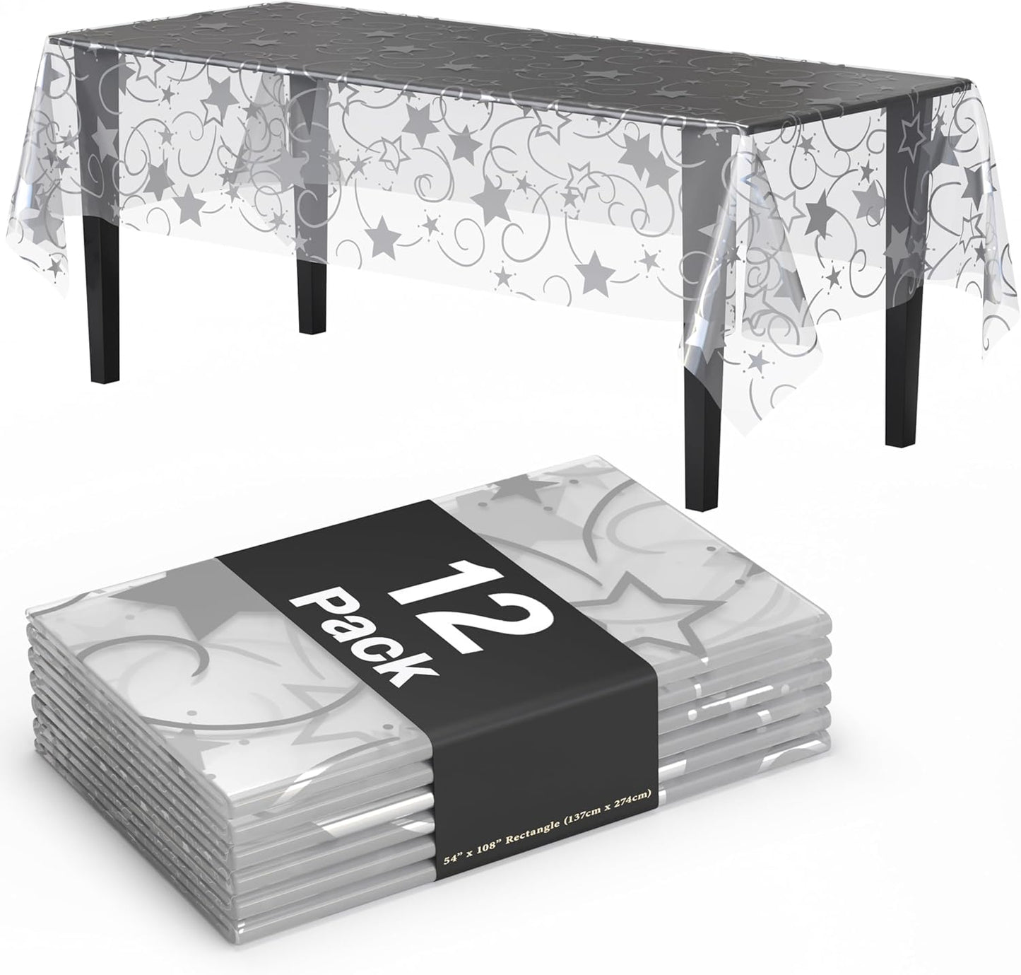 Exquisite Clear Silver Star Tablecloth Plastic 12-Pack Disposable Rectangle Tablecloths 54" x 108" Silver Star Table Cloths Rectangle Table Covers Plastic Tablecloth for Party Decorations