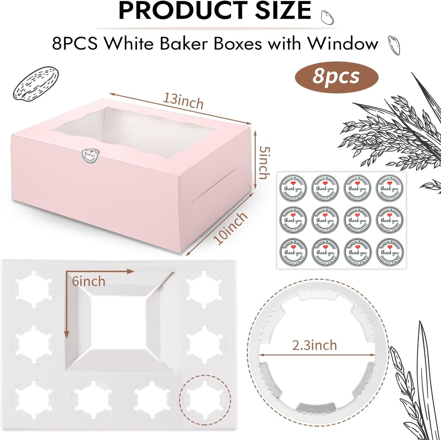 JCD 8 Packs Pink Bento Cake and Cupcake Box 1+8 Bento Box with Clear Window for 4-inch Cake and 8 Cupcakes Packaging Gift Baked Goods for Family Dinner Birthday Party Picnic Gift (Pink 1+8/8Pcs)