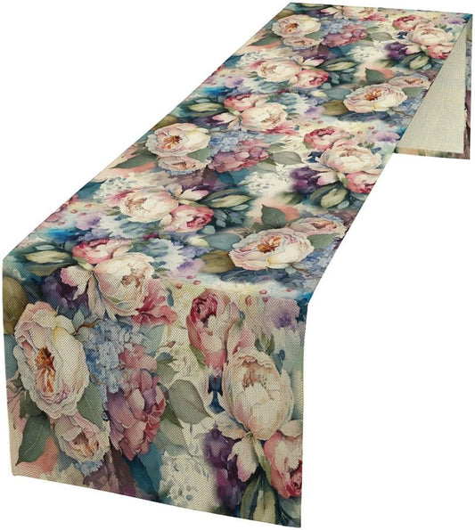 Vintage Floral Table Runner,Girls Women Rose Romantic Leaf Botanical Watercolor Pattern Print Burlap for Hotel Indoors Outdoor Dining Room Kitchen Holiday Party, 13x60in