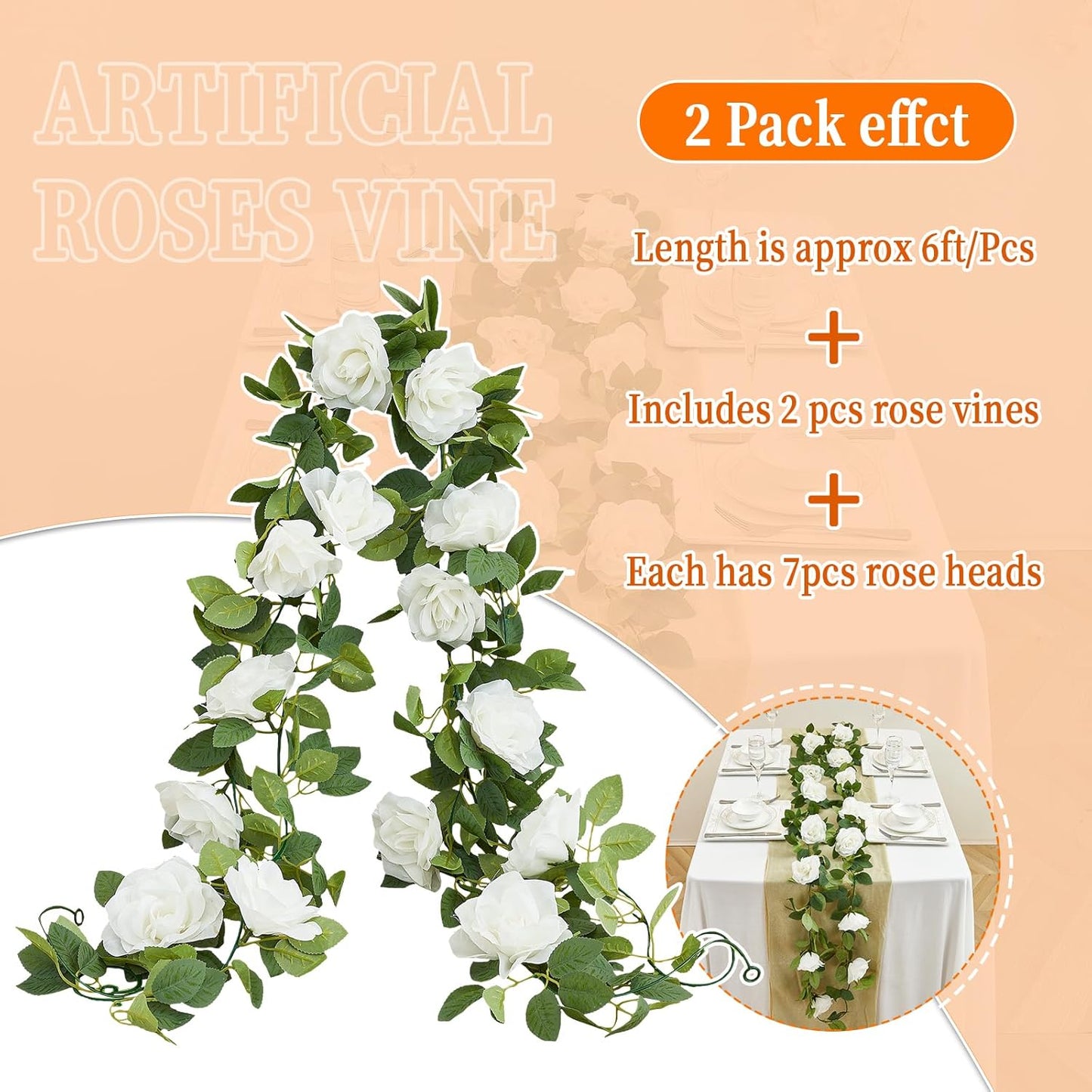 White Artificial Rose Garlands Rose Vines Leaves Banners Hanging Floral Garland Fake Rose Flower Vine for Wedding Arch Ceremony Home Garden Outdoor Party Wall Decorations