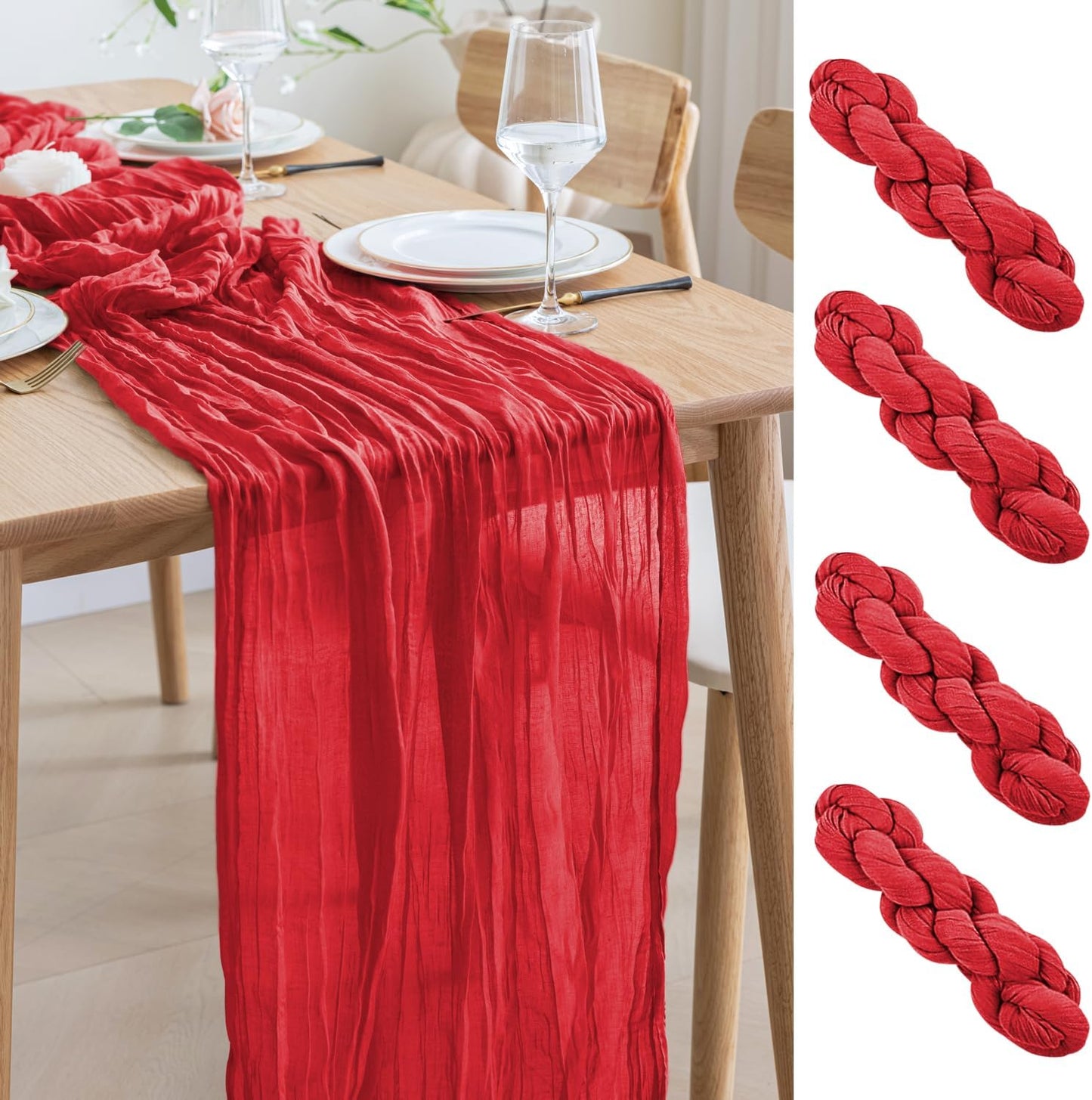 Asee'm 4PCS Fall Table Runner Cheesecloth 10FT Red Boho Gauze Fabric Rustic Sheer Cheese Cloth Runners for Thanksgiving Christmas Wedding Bridal Shower Party
