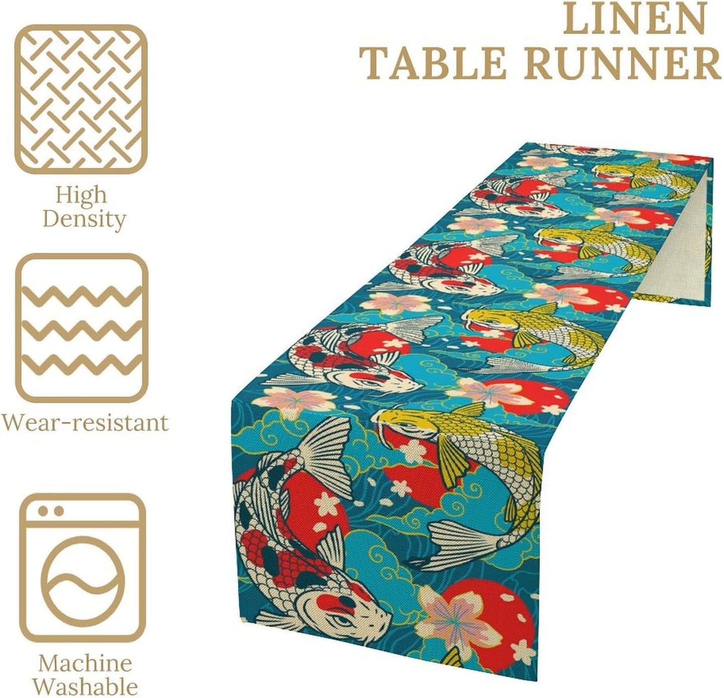 Japanese Kio Fish Table Runner Oriental Tradition Cherry Art Printed Burlap Runner Home Kitchen Dining Table Living Room Decor Fabric 1 Panel W13xL120in