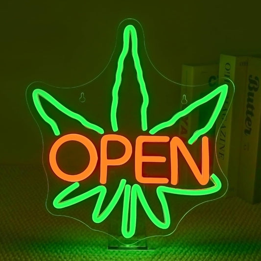 Ineonlife Green Leaves Open Neon Sign USB Dimmable Neon Signs for Wall Decor Psychedelic Led Light for Bar Club Cafe Shop Parties Window Decorations Adjustable Art Green Leaves Light