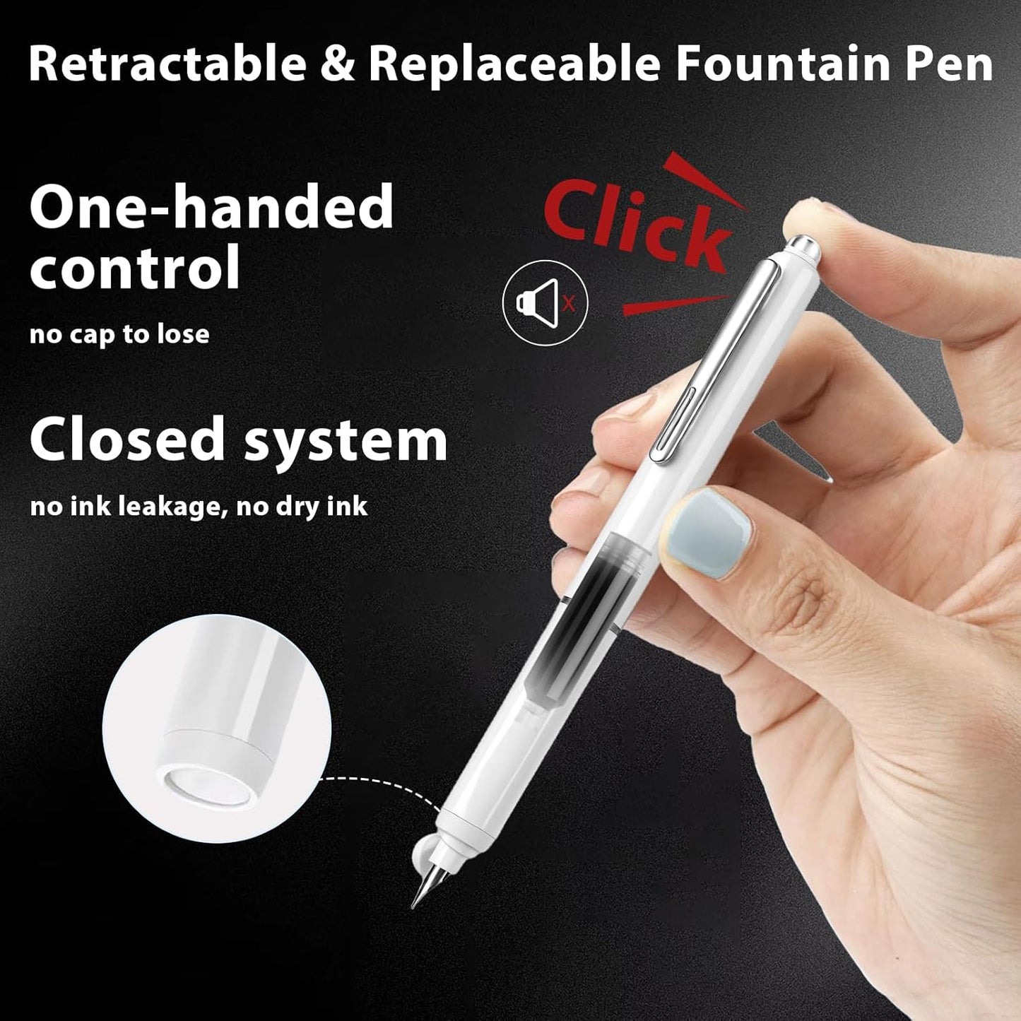 Retractable Fountain Pen Set, Click Fountain Pen Fine Nib, Capless Fountain Pen, Click-to-Write Pen with 5 Black Ink Cartridges, for Writing Journaling Sketching Drawing Calligraphy White