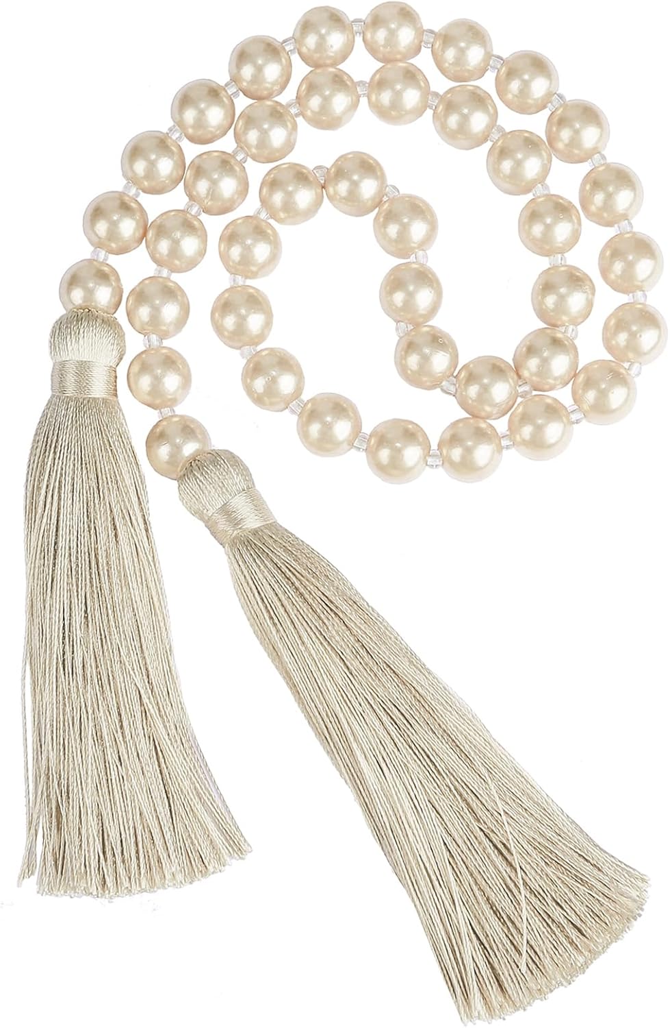 Fenghuangwu 34 Inch Pearl Glass Bead Garland with Tassels - Elegant Boho Table Decor, Fringe Wall Hanging for Wedding, Party, Farmhouse Rustic Prayer Bead Home Decoration(1 Pack,Off White)