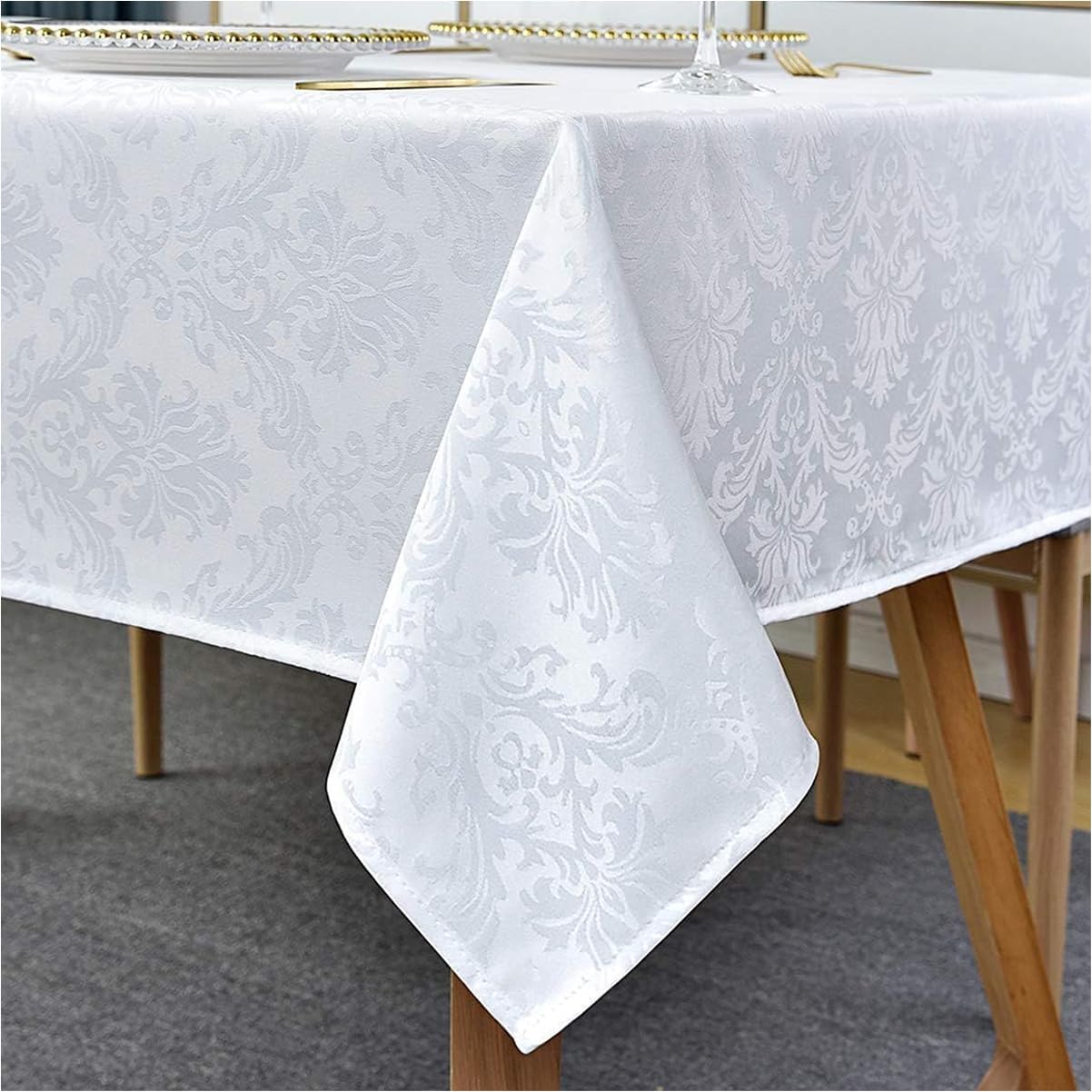SASTYBALE Square Tablecloth - 52 Inch White Damask Table Cloth Jacquard Design Spill Proof Wrinkle Resistant Waterproof Soft Polyester Table Cover for Kitchen Parties Tabletop