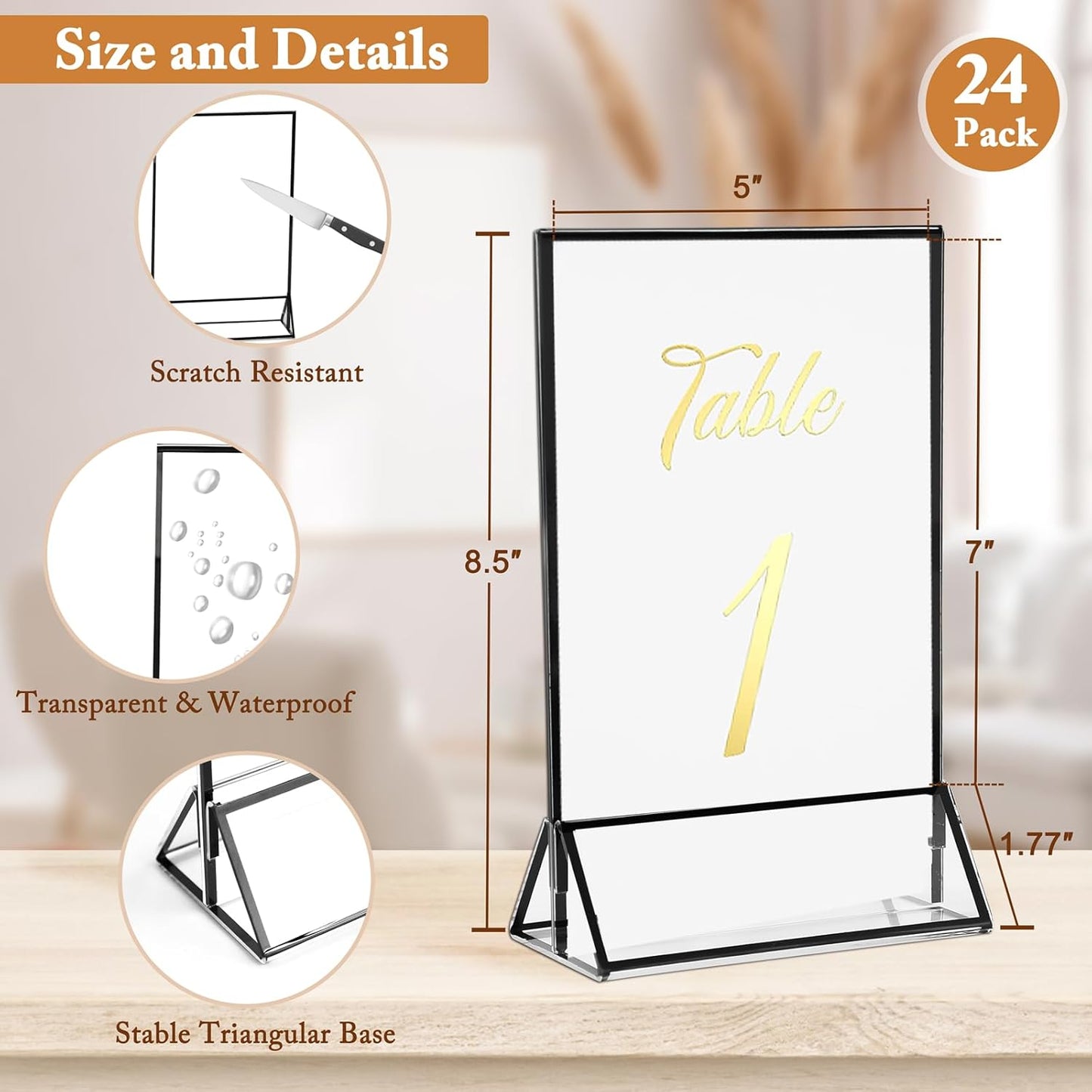 Floroom 24 Pack 5x7 Inch Clear Acrylic Sign Holders, Double-Sided Black Display Stand Picture Frames for Table Numbers, Menus, Flyers, Weddings, and Offices