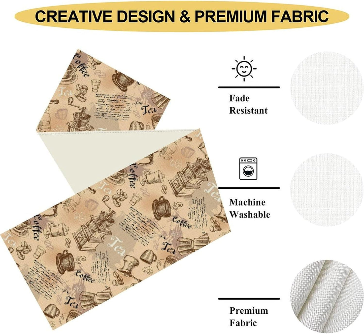 Coffee Theme Table Runner, Rustic Farmhouse Coffee Cup Tea Party Cafe Table Center Decor for Home Kitchen Dining Patio Holiday Party Indoor Outdoor Table Decorations,13"x90" Inch