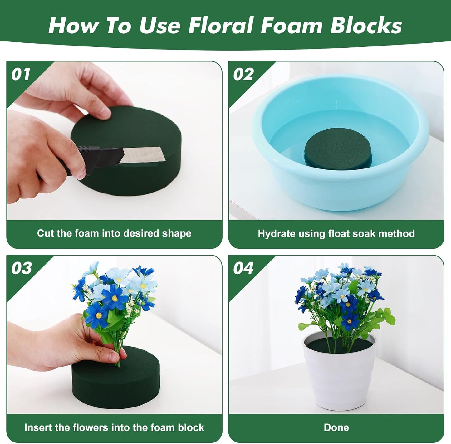 24 Pcs Floral Foam Blocks for Fresh & Artificial Flowers, 5.5" L x 3.1" W x 1.7" H Wet & Dry Green Flower Foam for Indoor Outdoor Floral Arrangements, Foam Bricks for Wedding, Birthdays, Home Décor