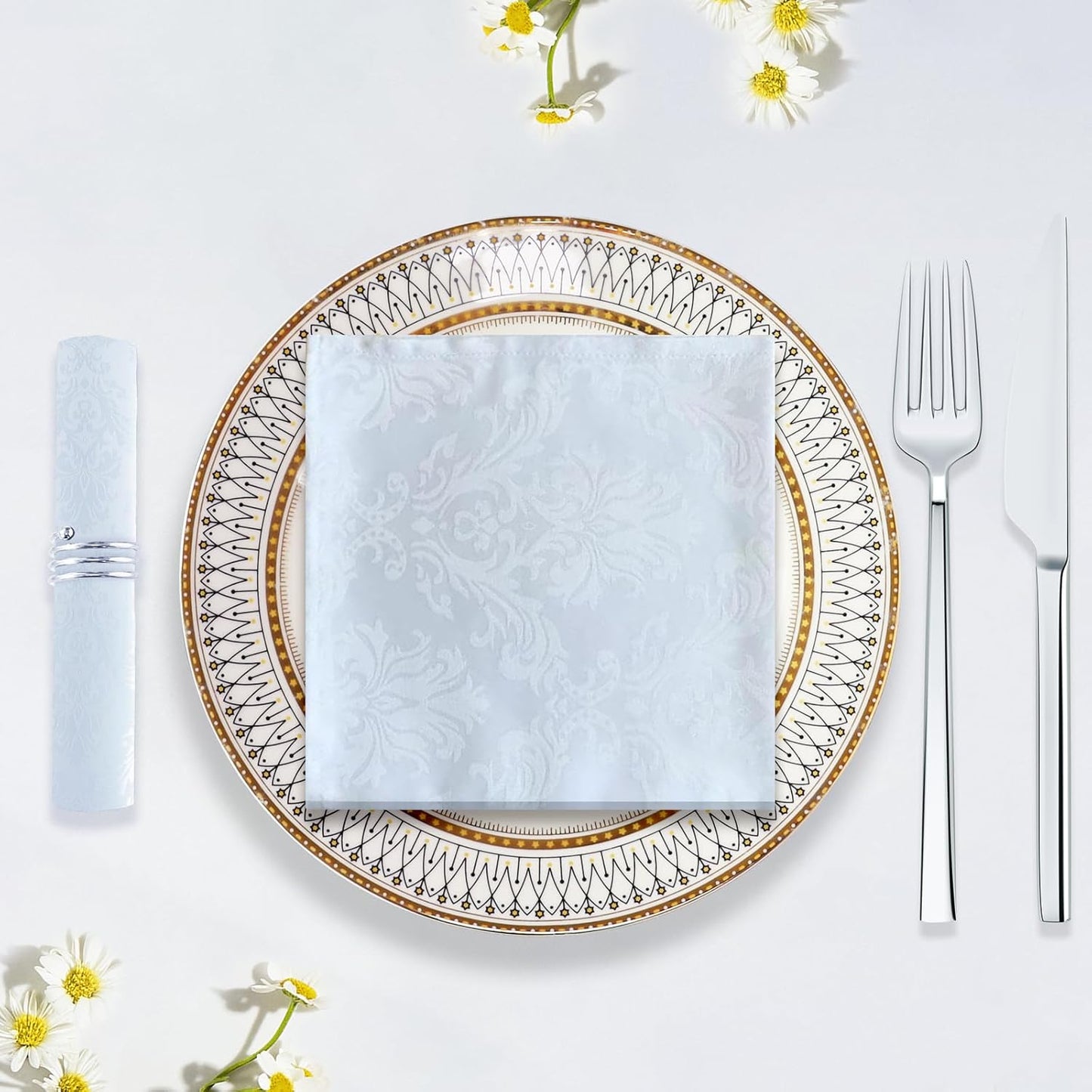 White Jacquard Square Napkin, Damask Wrinkle Resistant Soft Polyester Napkins, Fabric Cloth Dinner Napkins for Daily, Wedding, Birthday, Anniversary, Holiday, Parties, Set of 4 (White, 20X20" Napkin)