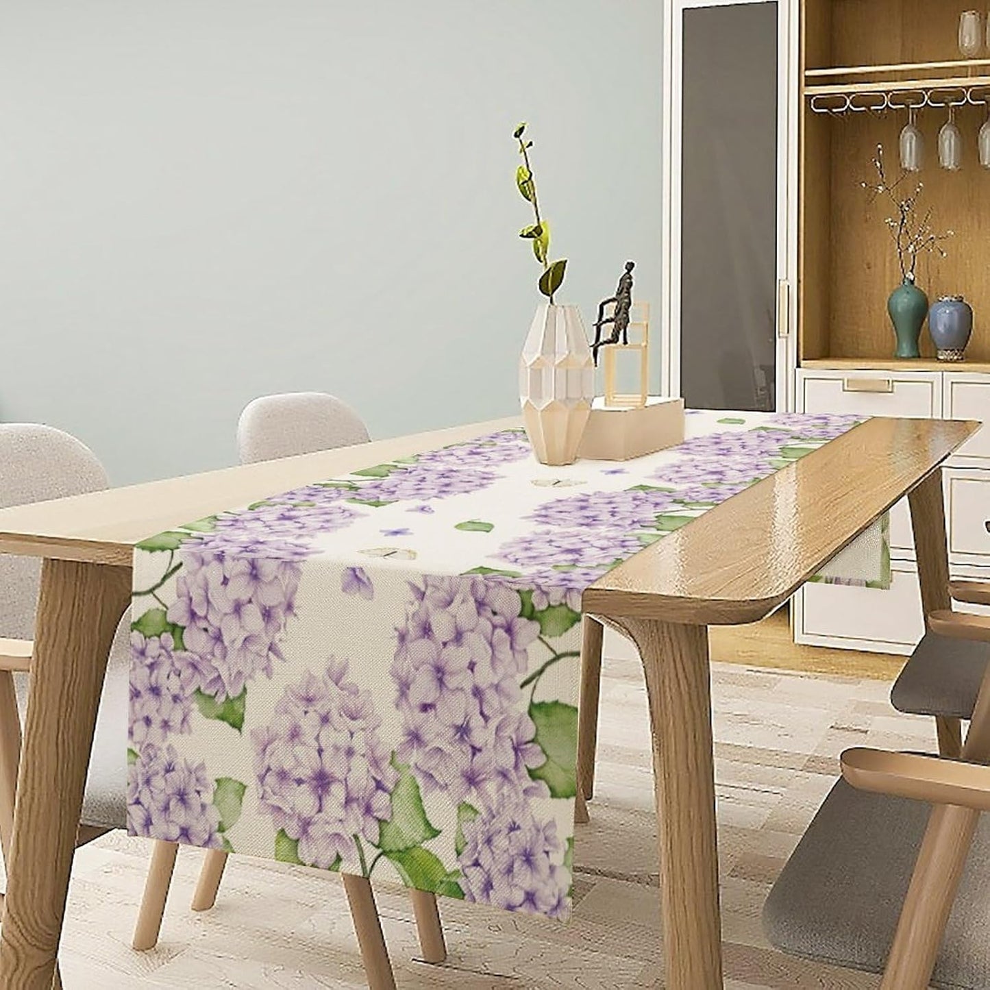 Watercolor Hydrangea Flower Table Runner, Spring Summer Seasonal Plants Butterfly Pink Lavender Dinner Runner for Home Kitchen Dining Table Party Holiday Decoration 13"x120"