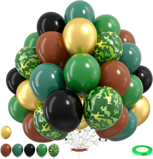 Green Brown Camo Balloons,12 Inch Dark Green Black Metallic Green Gold for Camping Jungle Army Theme Birthday Baby Shower Party Decorations
