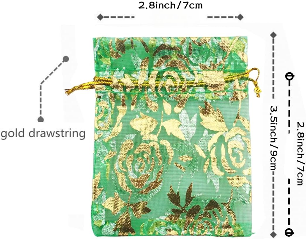 QIANHAILIZZ 100 Pack 2.8 x 3.5 Inch Flower Heart Organza Jewelry Gift Pouch Candy Pouch Drawstring Wedding Favor Bags B511S (green gold flower)
