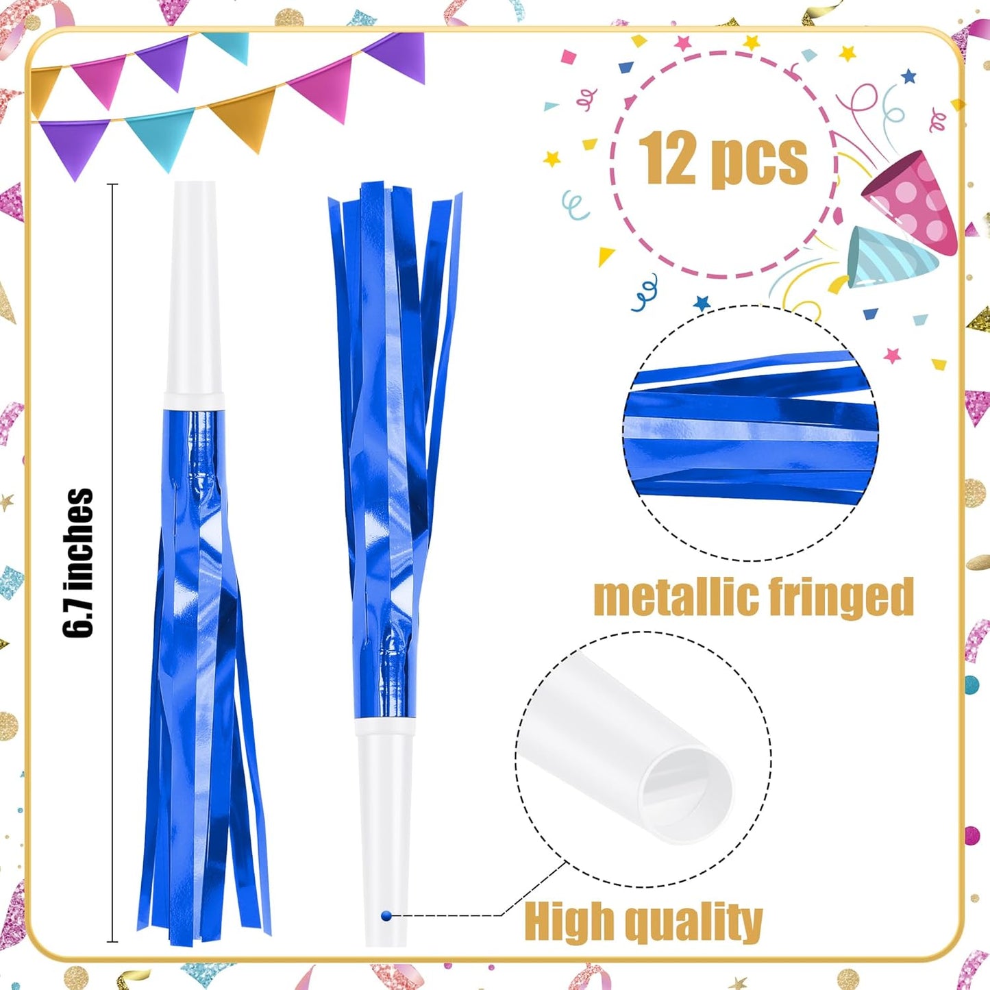12 Pcs Glitter Noise Makers Metallic Fringed Party Blower for Adults Birthday Graduation New Years Party Favors Supplies (Blue)