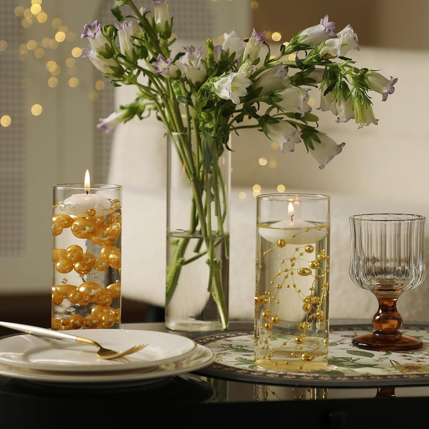 Set of 3 Glass Cylinder Vases for Centerpieces with 2 Pack Vase Filler 3 Pearl String 6 White Floating Candles for Centerpieces, Table Center Pieces for Wedding Party Home Decor 5, 6, 8 Inch