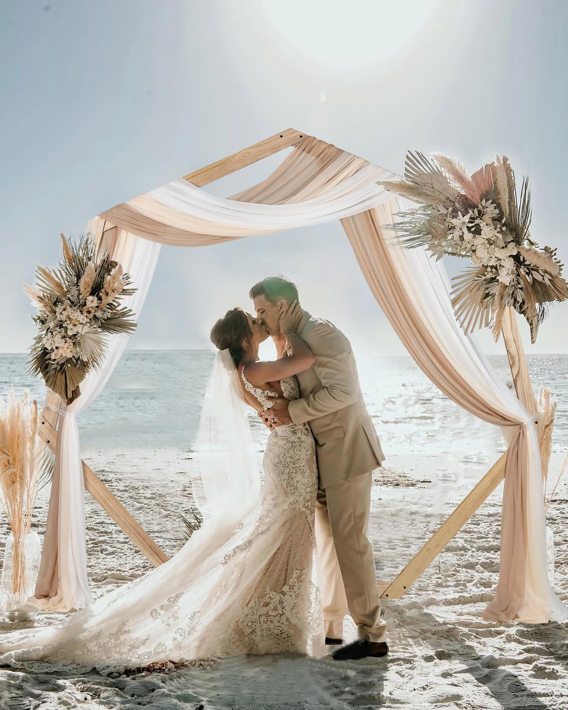 Lvydec 3 Panels Wedding Arch Draping Fabric, 30" x 20ft Mixed Color Chiffon Fabric Drapery Sheer Backdrop Curtain for Wedding Ceremony Party Decoration (Elegant Neutral)