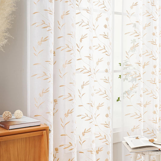 Sheer Curtains with Desin White-Beige Floral Embroidery 84 Inch Long Rod Pocket Lace Drapes for Living room, Bedroom, 2 Panels, 52"x84", Semi Voile Outdoor Window Treatment Sets for Yard, Patio.