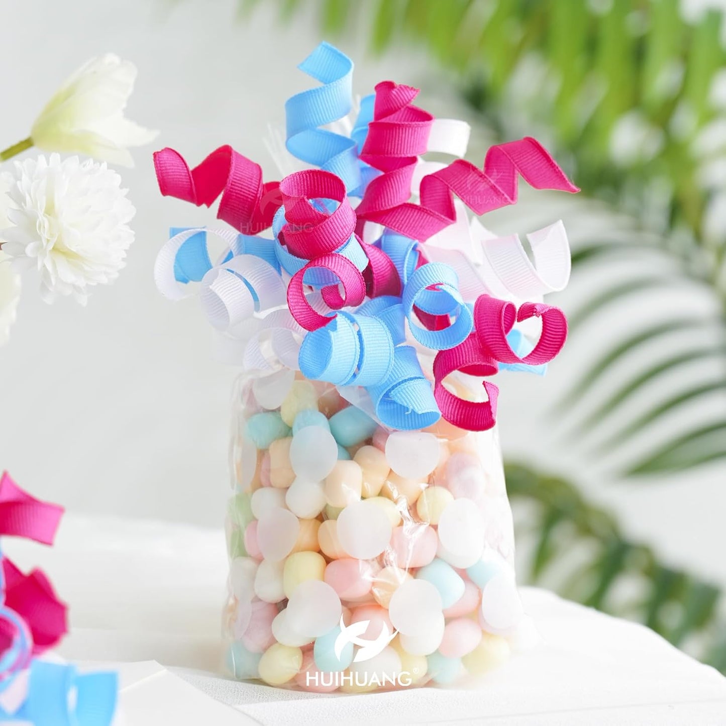 HUIHUANG Baby Shower Bows for Gift Wrapping, Blue/Pink/White Curly Ribbon Bows Self Adhesive Burst Gift Bow for Gender Reveal Party, Baby Shower Favors, Wine Bottle, Treat Bags - 6 Counts