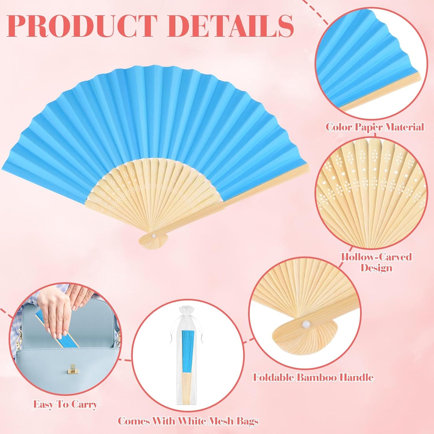 12 Pieces Blue Hand Held Bamboo Folding Fans Paper Fans Handheld for Women Foldable Girls Wedding DIY Decoration Church Home Party Favors Summer