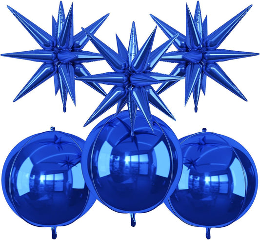 6Pcs Navy Blue Foil Balloons,22Inch Royal Blue 4D Round Ball Balloon and Explosion Star Balloon for Birthday Wedding Baby Shower Anniversary Party Decorations