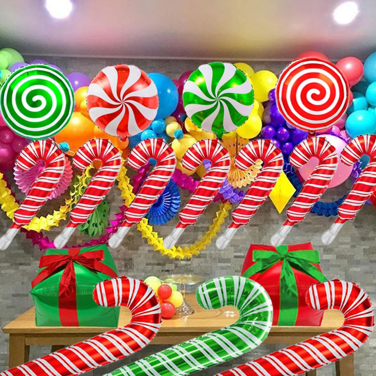 Christmas Cane Candy Balloons Red Green Candy Cane Gift Box Foil Balloons for Sweet Candies Theme Party Decorations 30 Pcs