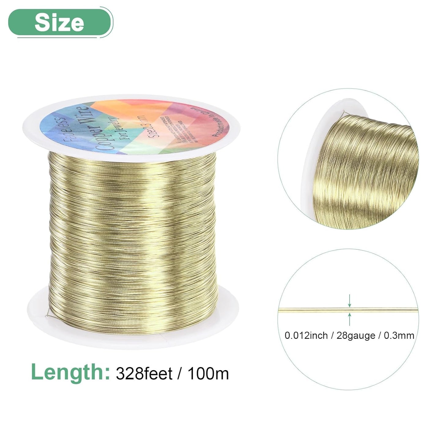 0.3mm Jewelry Wire, 28 Gauge 328FT Craft Wire Copper Beading Wire for Jewelry Making/Planting/Weaving/DIY Crafting, Soft Metal Wires [100M, Light Golden]